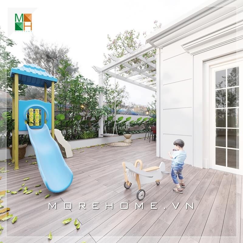 Thiết kế biệt thự có không gian ngoài trời rộng cho những phút giây thư giãn vui chơi của con trẻ cũng như sinh hoạt của gia đình.
