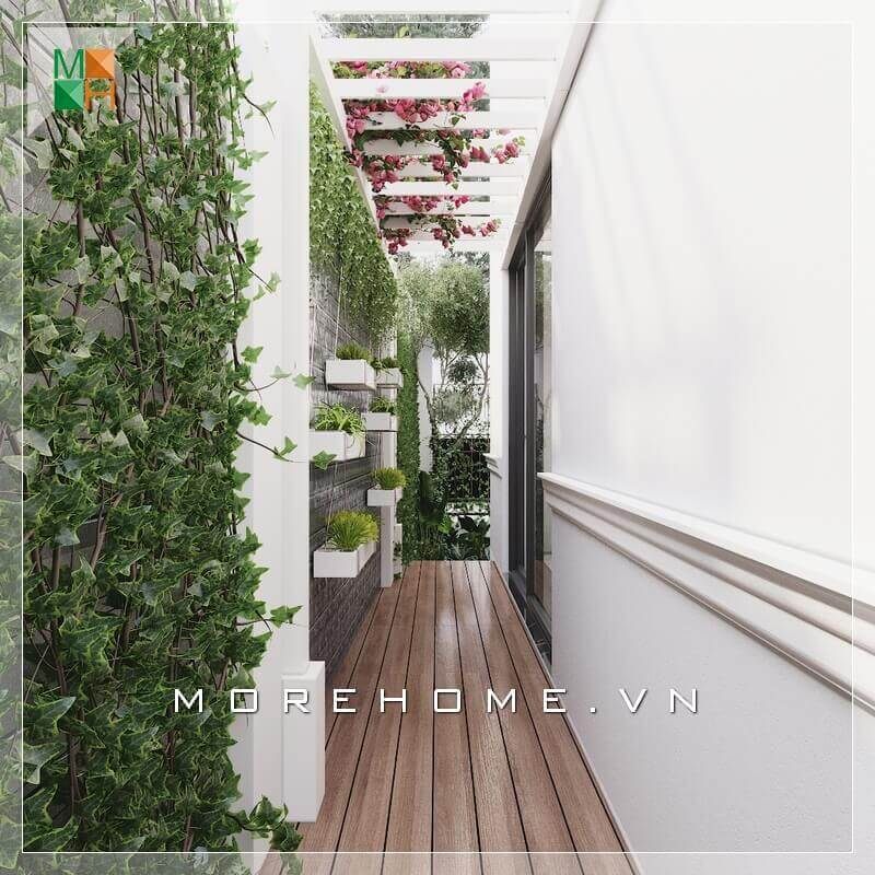 Chiêm ngưỡng mẫu thiết kế lối đi hông nhà biệt thự, nhà phố trang trí treo nhiều chậu cây xanh đẹp và xanh mát.