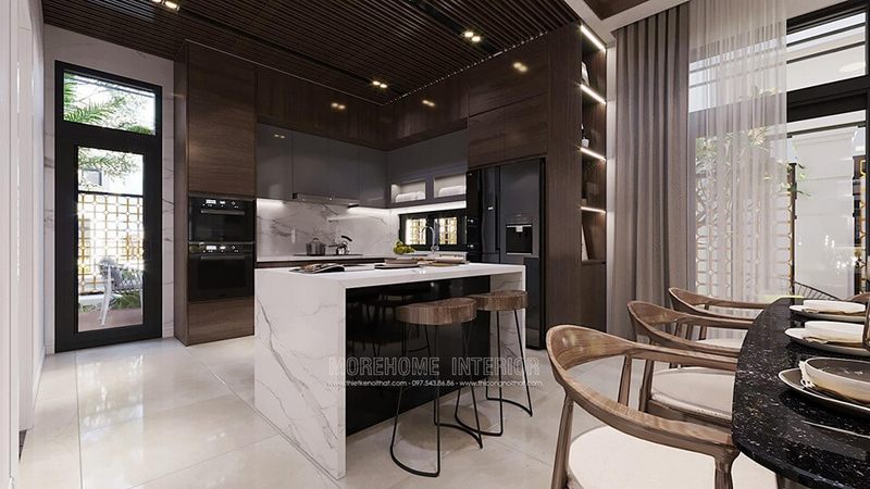 Đá ốp bàn đảo bếp màu trắng vân mây cao cấp