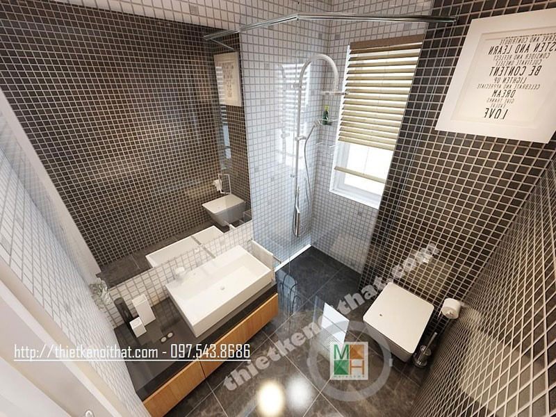 Sử dụng gạch lát sàn và nền phòng tắm ấn tượng với tone màu trắng đen tạo không gian mát mẻ, thoáng đãng