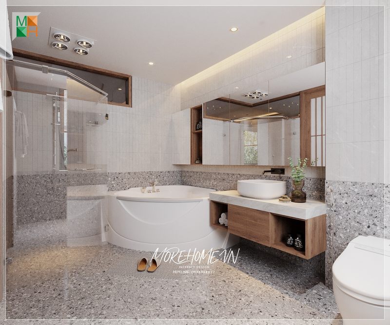 Không gian sinh hoạt tiện nghi được tạo ra bởi phòng tắm thiết kế có bồn tắm nội thất hiện đại.